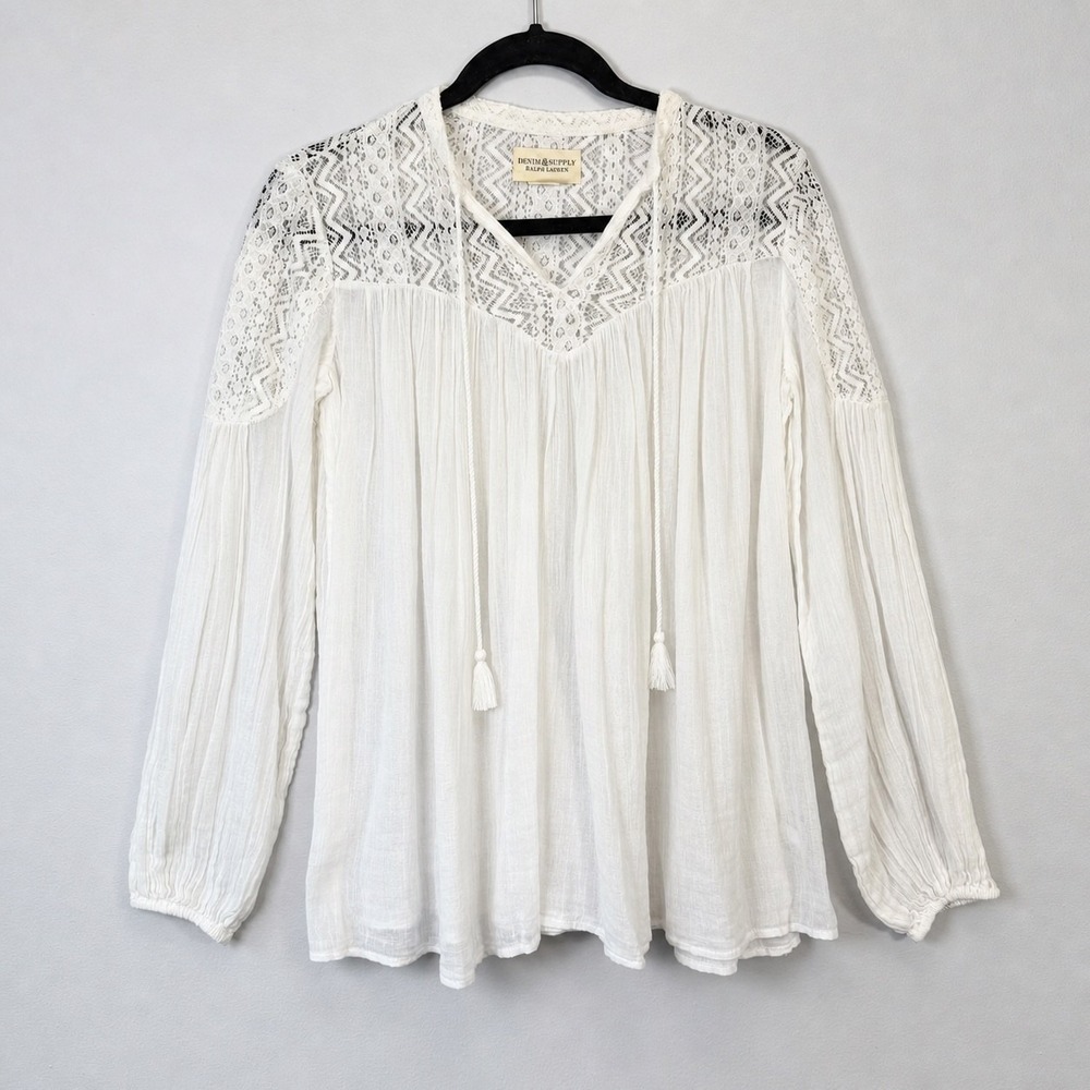 Denim & Supply Ralph Lauren 100% Cotton Gauze Blouse Lace Peasant Boho Top XS/S